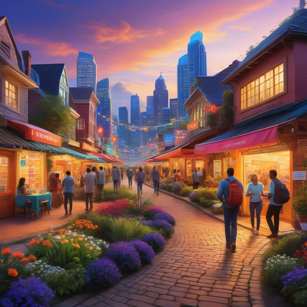A diverse group of individuals and small business owners exploring a vibrant marketplace filled with icons of various insurance products like health, auto, and home insurance. Include a backdrop of a city skyline symbolizing growth and protection. Depict energetic conversations and connections being made under a bright sunny sky. The foreground features a path leading to a glowing 'Protection' sign. super-realistic. vibrant colors.