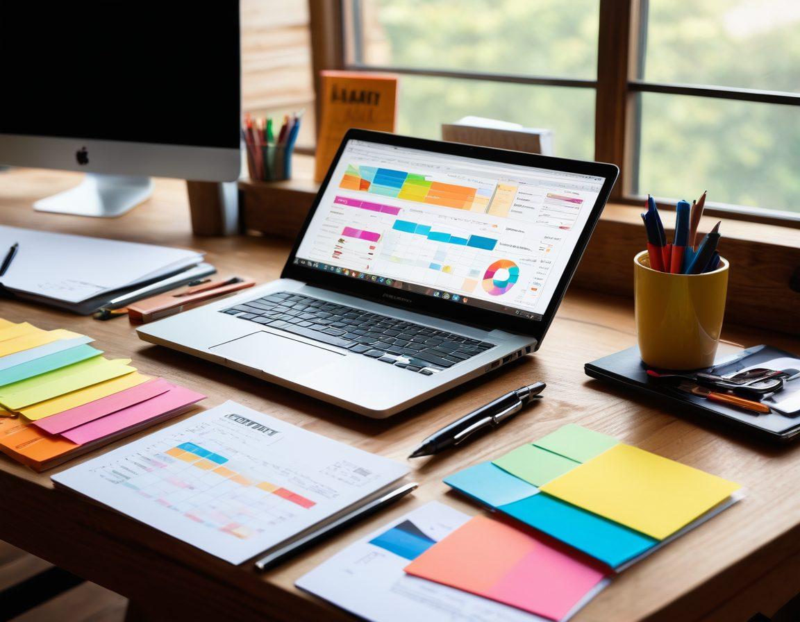 A sleek, modern toolkit overflowing with essential resources, including open brochures, calculators, and quotes displayed like colorful sticky notes. Place this toolkit on a polished wooden table, surrounded by a soft glow of natural light, emphasizing clarity and organization. In the background, a blurred laptop screen showing a financial comparison chart. super-realistic. vibrant colors. soft focus.